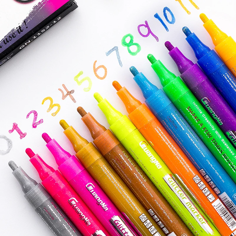 12/24 Colors Metallic Paint Markers Pens Round/Chisel Dual Tip Glitter  Doodle Dazzle Drawing Pens