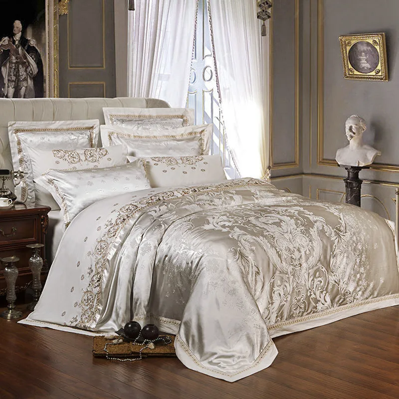 High Quality Satin Jacquard And Cotton Luxury Bedding Set Chic Gold Edge  Embroidery Duvet Cover Set Bed Sheet Pillowcases