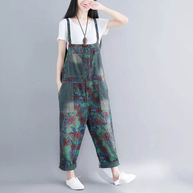 Flower Pattern Denim Overalls Women