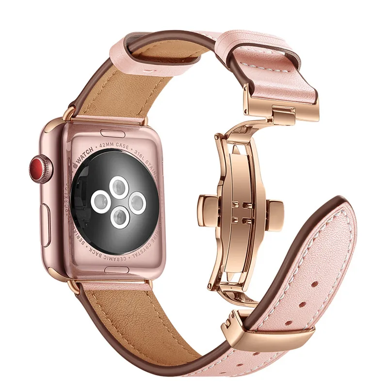 Rose Gold Butterfly Clasp Leather Watch 