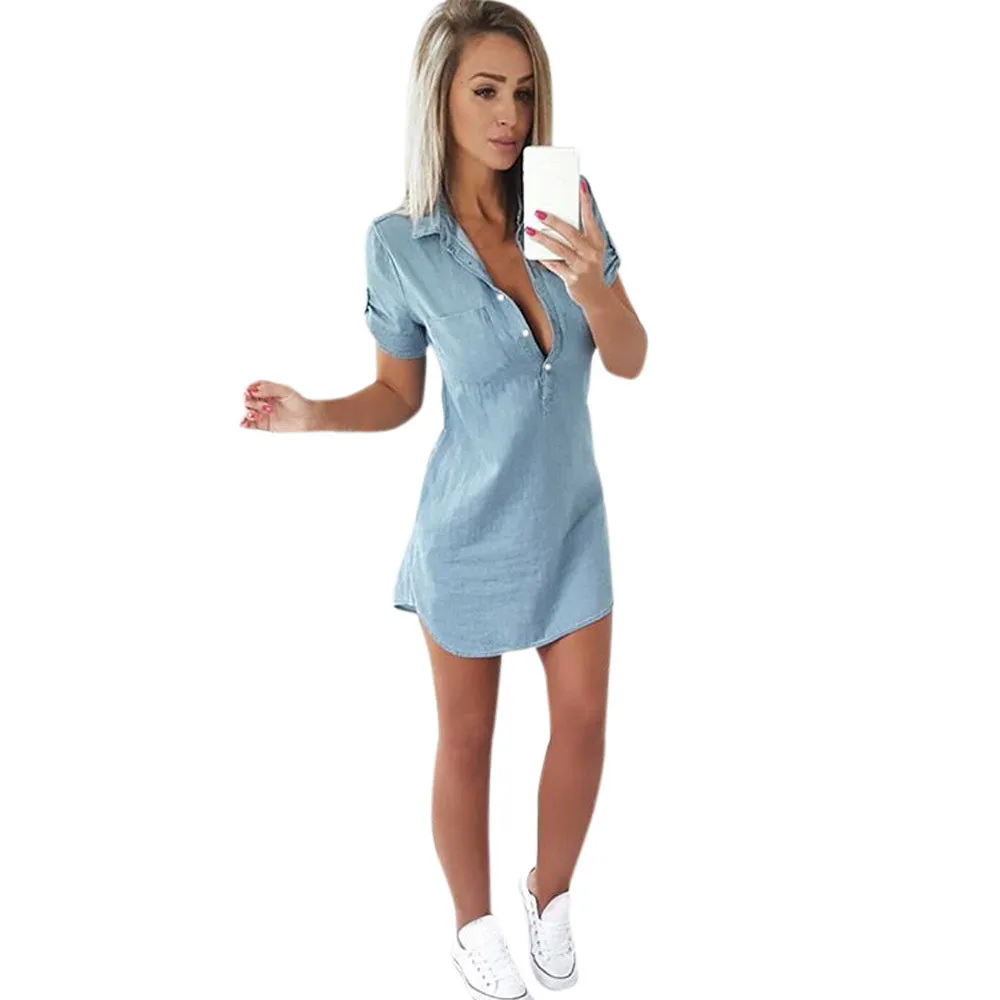 Women Short Sleeve Dress Loose Denim 