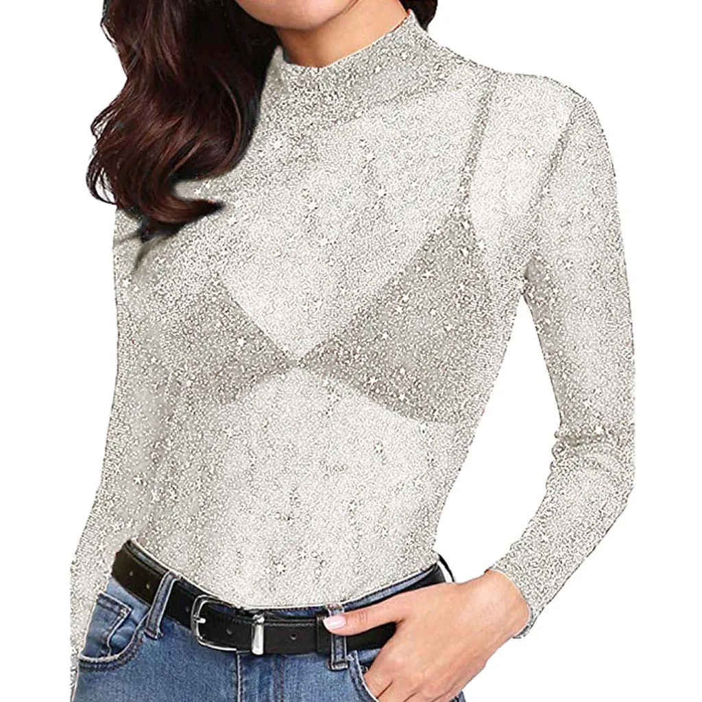 Women Sequin See-Through Long Sleeve 