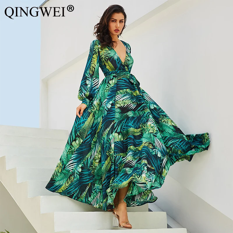 Long Sleeve Green Tropical Beach Dress 