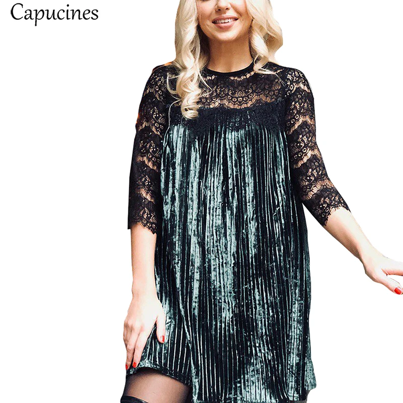 Capucines Autumn Winter Sexy Hollow Out Lace Patchwork Velvet Dress Women Three Quarter Fashion Pleated Dress Casual Loose-animated-img