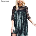 Capucines Autumn Winter Sexy Hollow Out Lace Patchwork Velvet Dress Women Three Quarter Fashion Pleated Dress Casual Loose