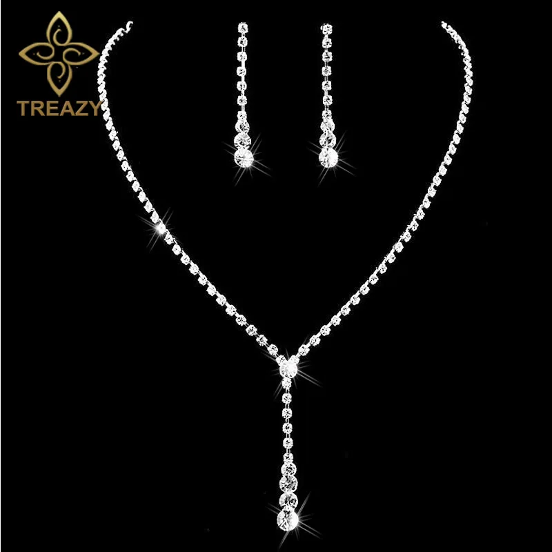 TREAZY Silver Plated Celebrity Style Drop Crystal Necklace Earrings Set Bridal Bridesmaid Wedding Jewelry Sets-animated-img