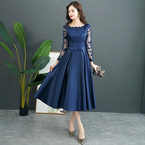 Navy Blue Long Sleeve Evening Dress 
