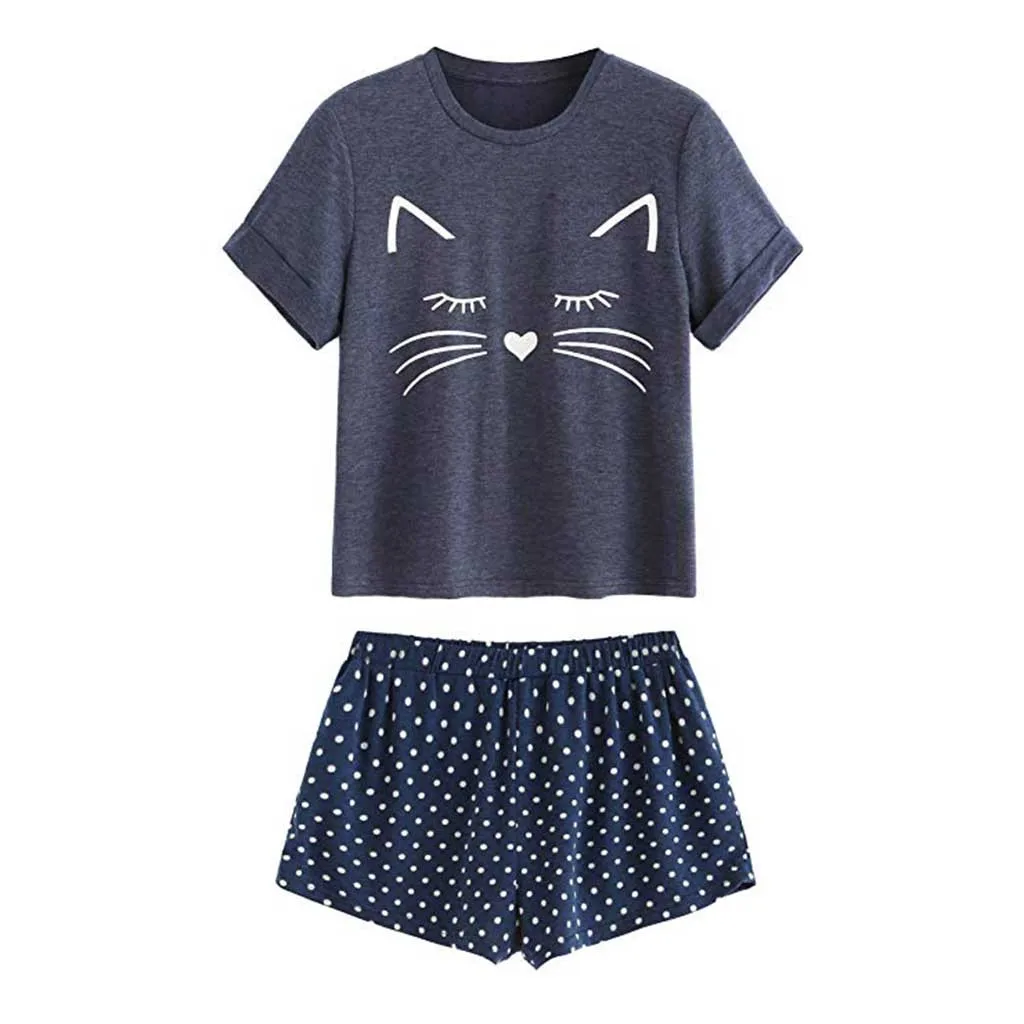 Sleepwear Pajamas Women's Cat Shorts 
