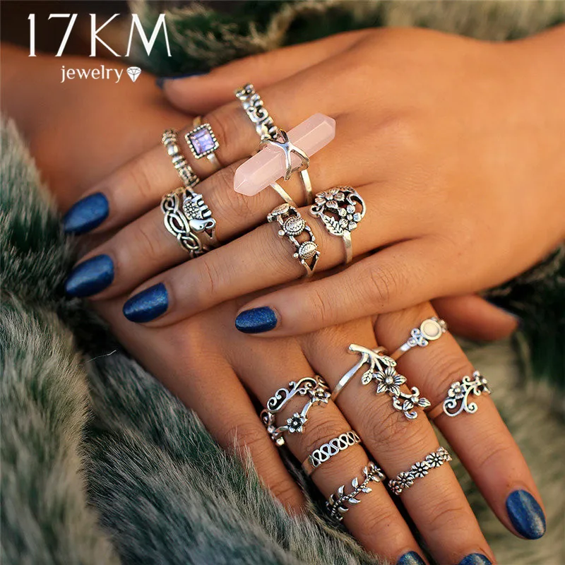 Купить Кольца 17km Vintage Big Stone Flower Knuckle Rings Set For Women Antique Turtle Crystal