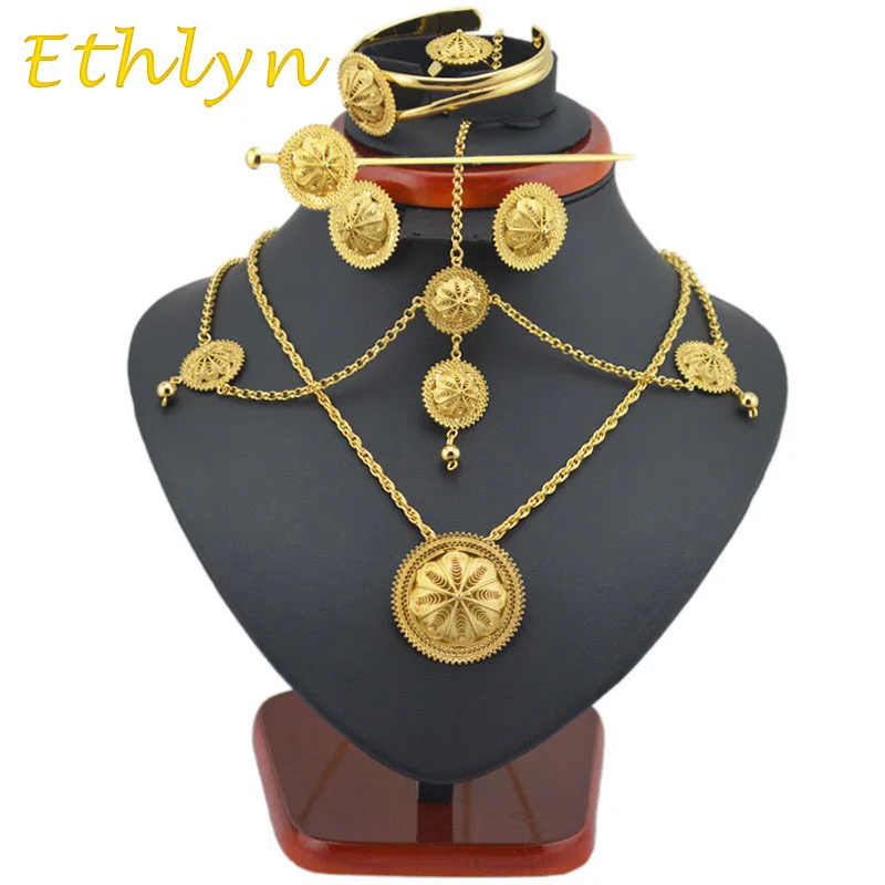 Ethlyn Best Quailty Ethiopian jewelry sets Gold Color hair jewelry 6pcs sets & African jewelry for Ethiopia best Women gift S27-animated-img
