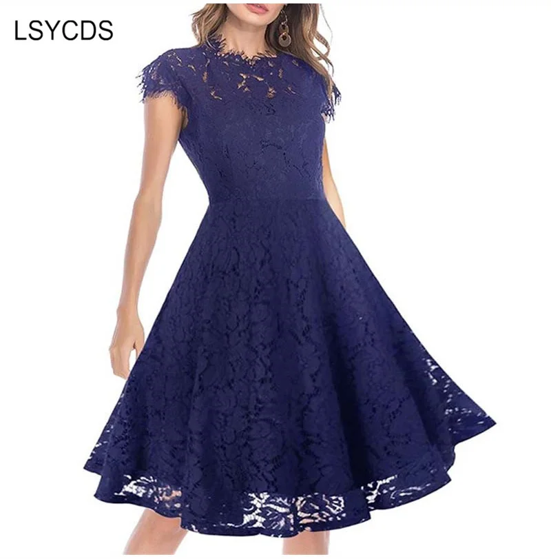 LSYCDS 2020 Elegant Blue Lace Dress 
