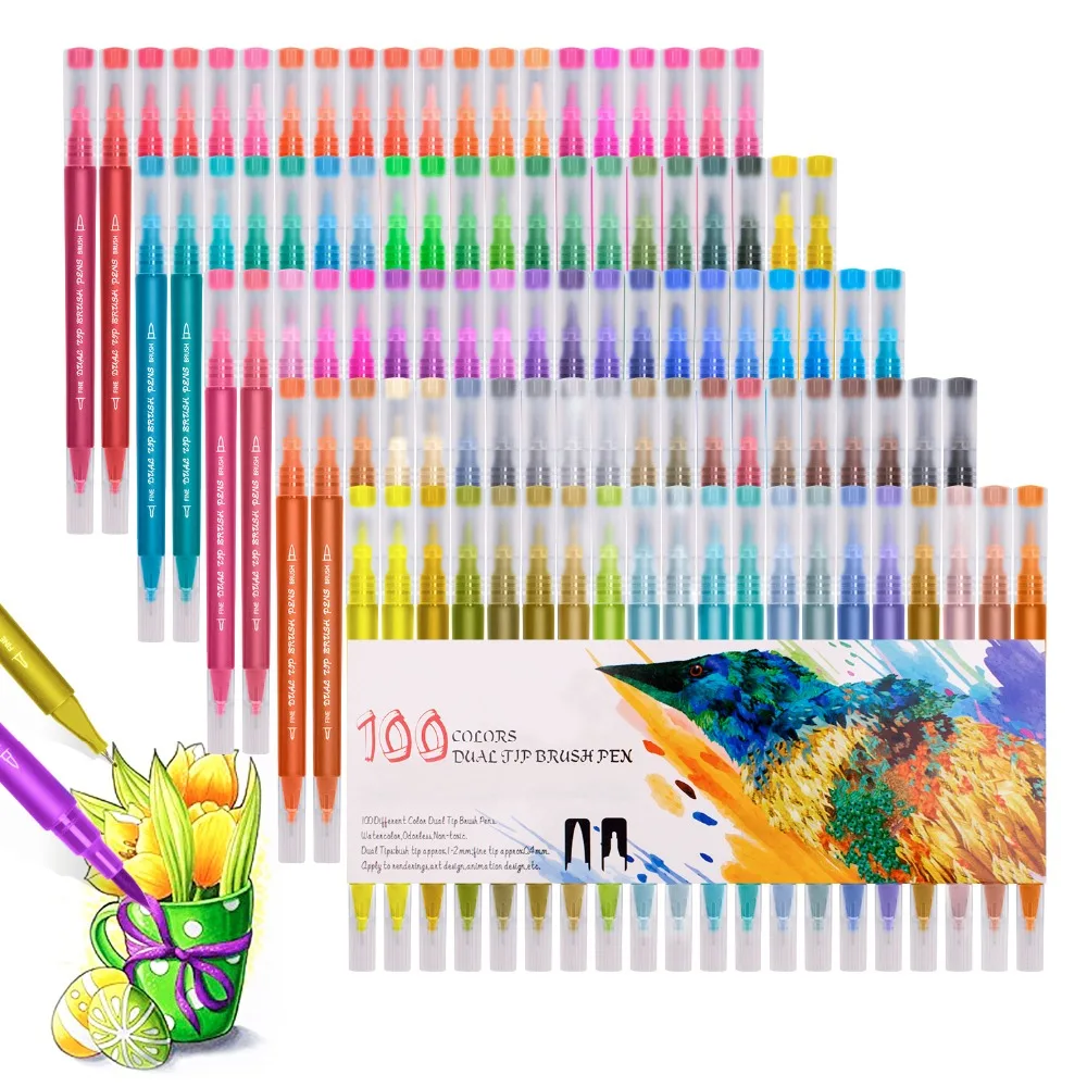 Dual Tips 100 Colors Fine Brush Marker Based Ink Watercolor