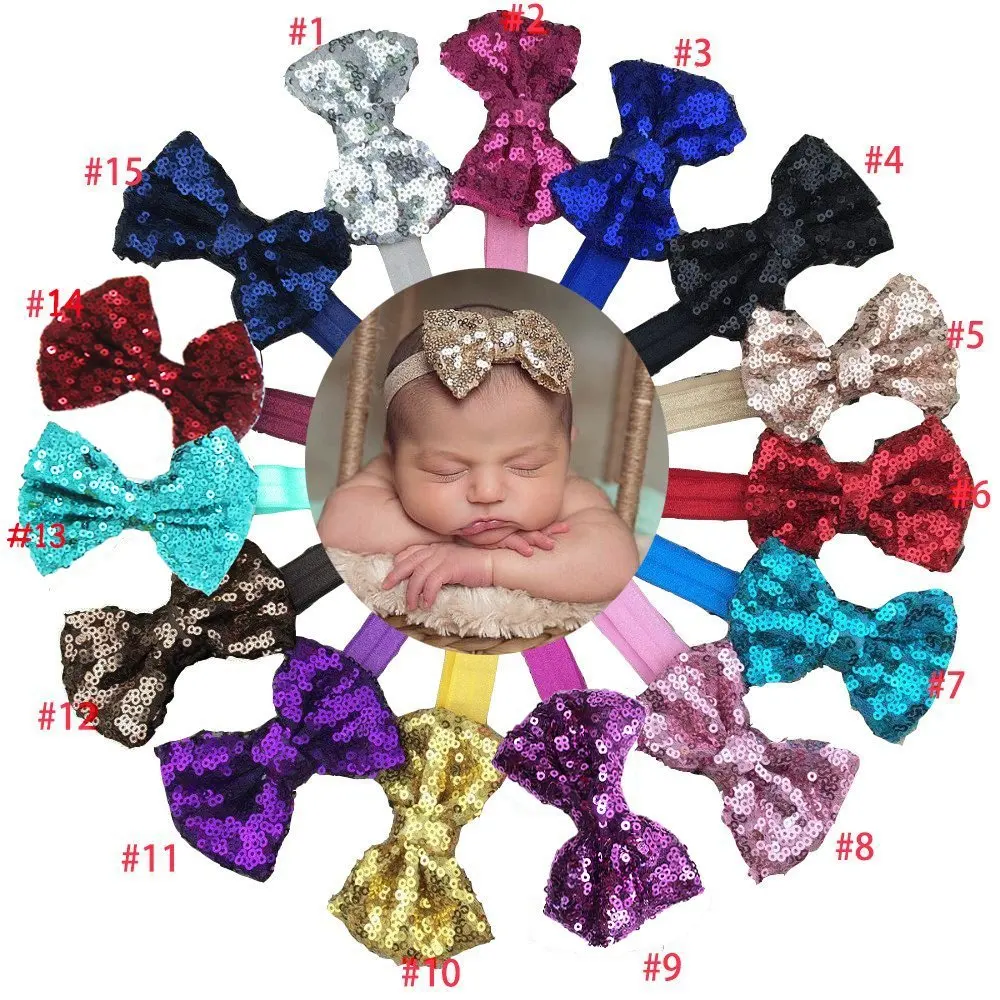 15 Pcs Boutique Bling Sparkly Sequin Soft Elastic Hair Band Accessories Headwrap Top BowKnot Headbands for Baby Girls Teenger-animated-img