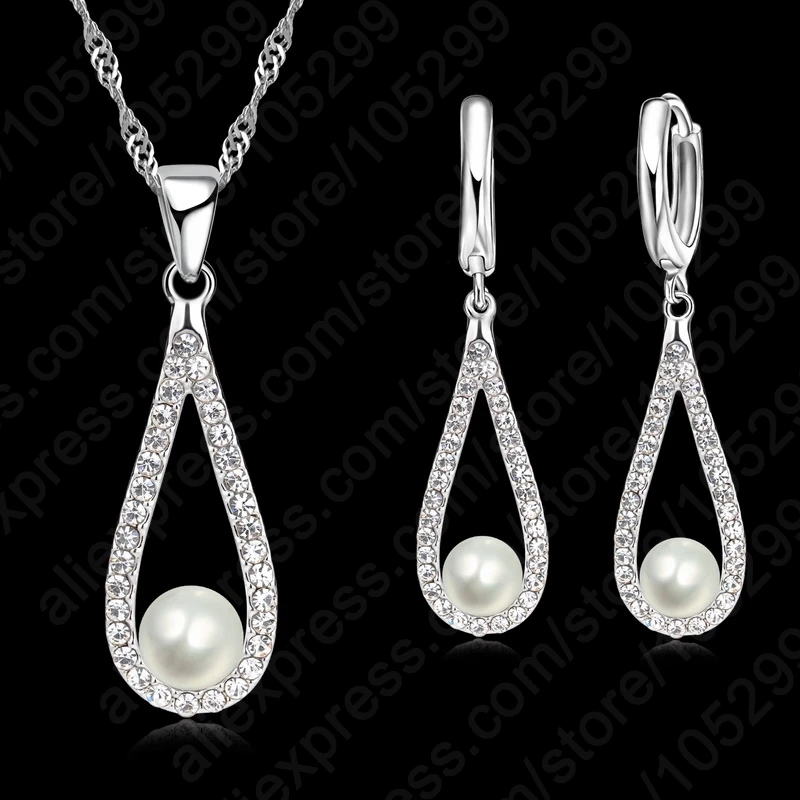 925 Sterling Silver Shiny Crystal Water Drop Pearl Necklace Earrings Jewelry Sets For Woman Fine Jewelry Wedding Gift Wholesale-animated-img