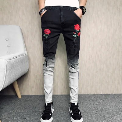 mens black embroidered jeans