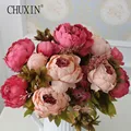 HIGHT Quality Silk Floral European 1 Bouquet Artificial Flowers Fall Vivid Rose Peony Fake Leaf Wedding Home Party Decoration