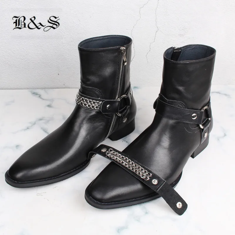 black leather buckle booties