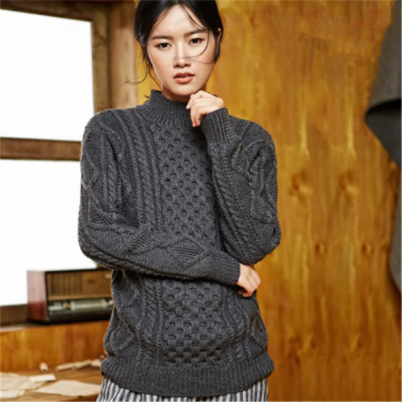100%hand made pure wool half high collar knit women streetwear solid H-straight pullover sweater one&over size
