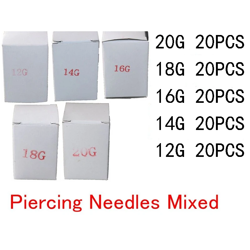 100pcs Piercing Needles Mixed 12g 14g 16g 18g 20g Sterile