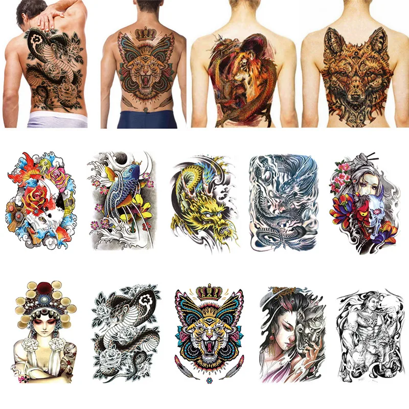 Agora Tatoyaz 48 35 Cm Large Tattoo Stickers New Designs Fish Wolf Buddha Waterproof Temporary Flash Tattoos Full Back Chest Body For Men