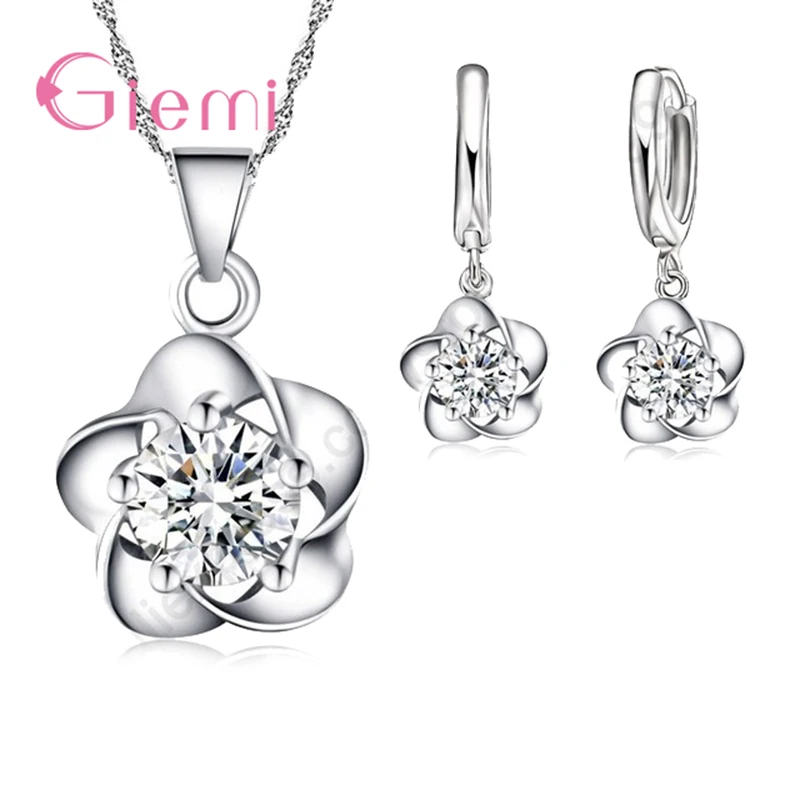 New Hot Fashion Beautiful Flowers Necklaces Earring Crystals 925 Sterling Silver Fantastic Women Wedding Jewelry Set-animated-img