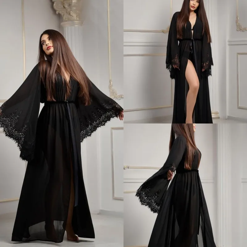 2019 Sexy Black Night Robe Long Sleeves 