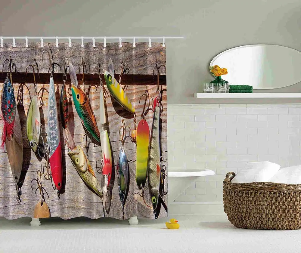 קנו מוצרי אמבט  Fish on Hooks Fishing Lure Rods Fisherman Gifts Bathroom  Design for Fisherman Creative Decoration Fish Theme Shower Curtain