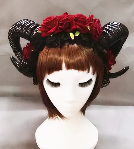 Restyle Sheep Horn Rose Flower Headband Gothic Beauty Horror Horns Halloween Black Veil Lace Retro Hair Accessories Vintage-animated-img