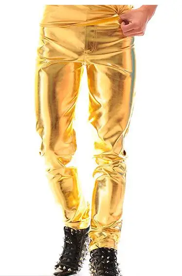 Tide Male Leather Pants Gold Silvery PU 