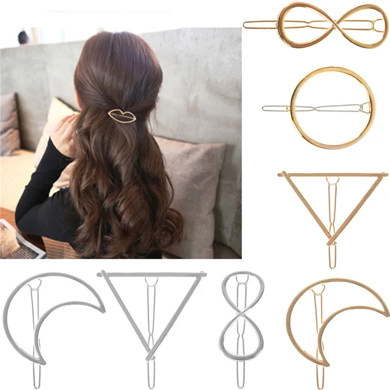 Geometry Hair Clips New Fashion Women Girls Gold/Silver Plated Metal Triangle Circle Moon Hairpins Korean Hair Accessories 2023-animated-img
