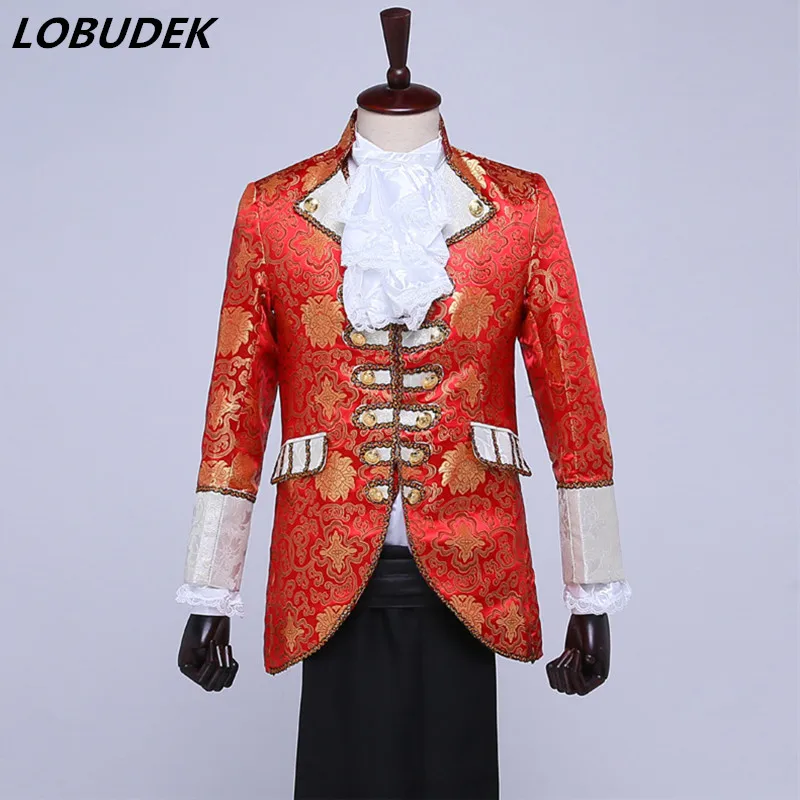 (jacket+pants+vest+tie) sets European prom wedding groom formal dresses costume stage show red singer star performance party-animated-img