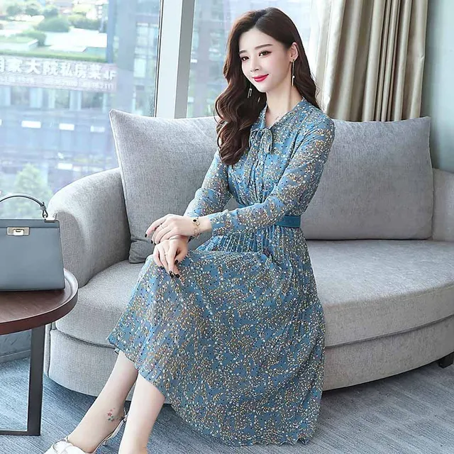 Long Chiffon Dresses Female Long Sleeve 