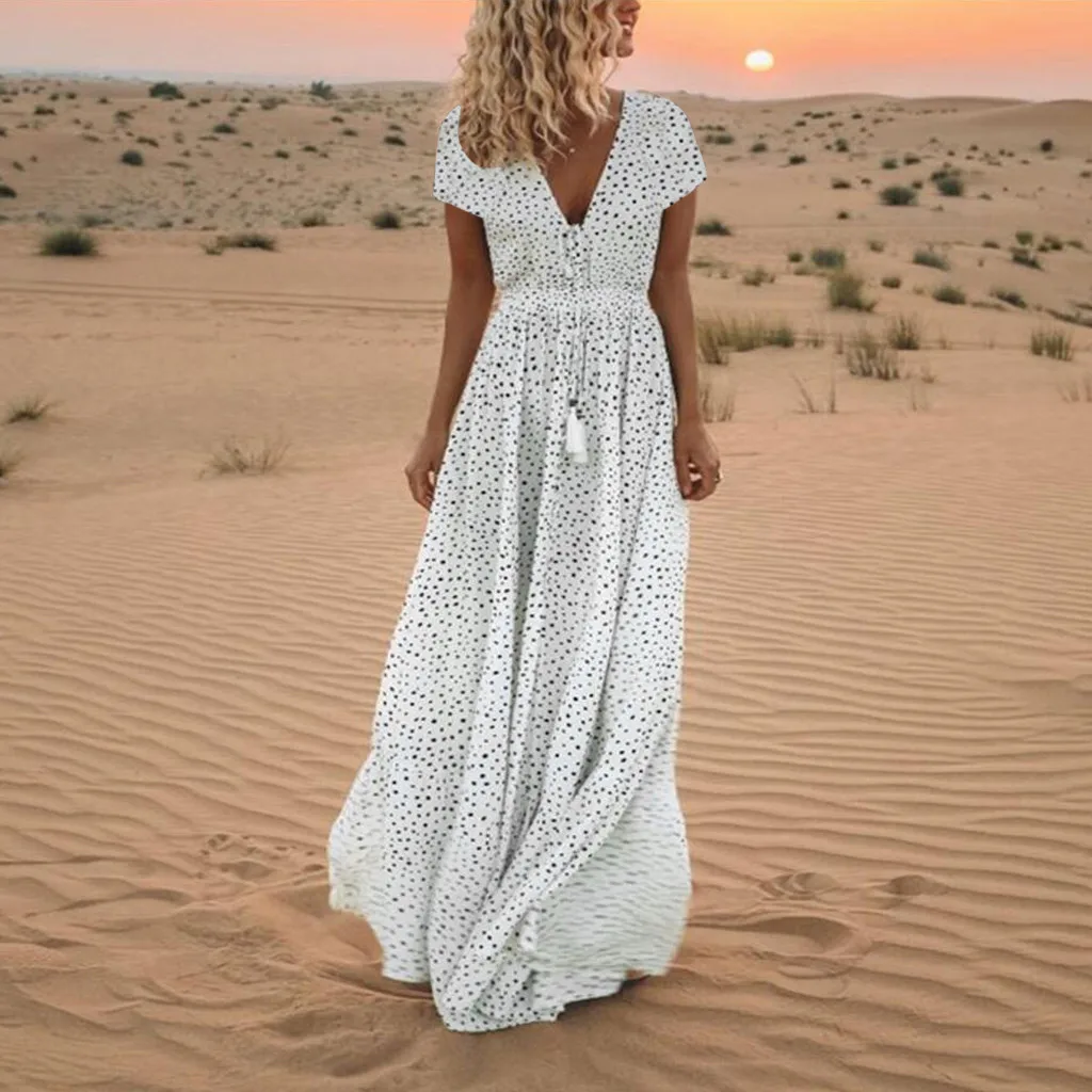 Women Maxi Dress Vintage Elegant Dot 