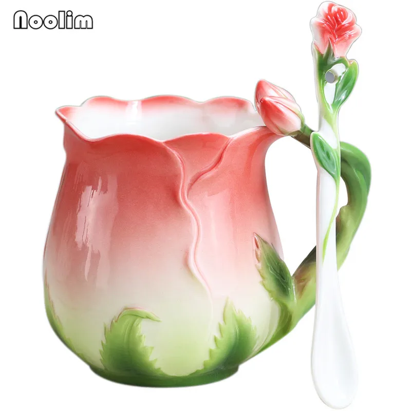 European Enamel Ceramic Coffee Cups  Rose Flower Tea Cup 4 Colors-animated-img