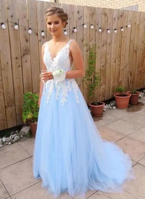 Baby Blue Prom Dress Tulle Ivory Lace 
