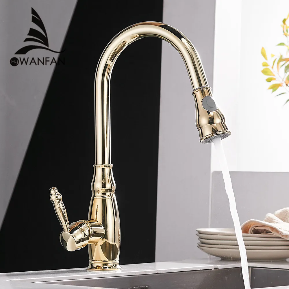 Купить Кухонная крепеж Kitchen Mixer Gold Pull Out Kitchen Faucet Deck Mount Kitchen Sink