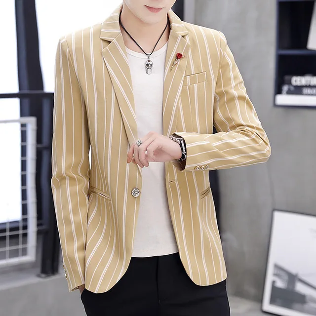 Mens Khaki Black White Striped Blazer 