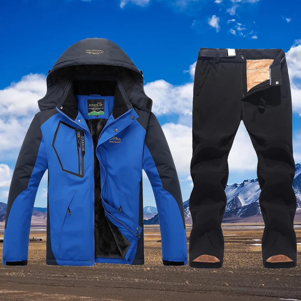 Direnjie Man Winter Fishing Waterproof Skiing Warm Fur Outdoor Trekking Jacket Jean Blue Gray / XL