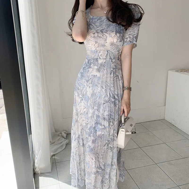 Printed Korean Chiffon Long Dress Women 