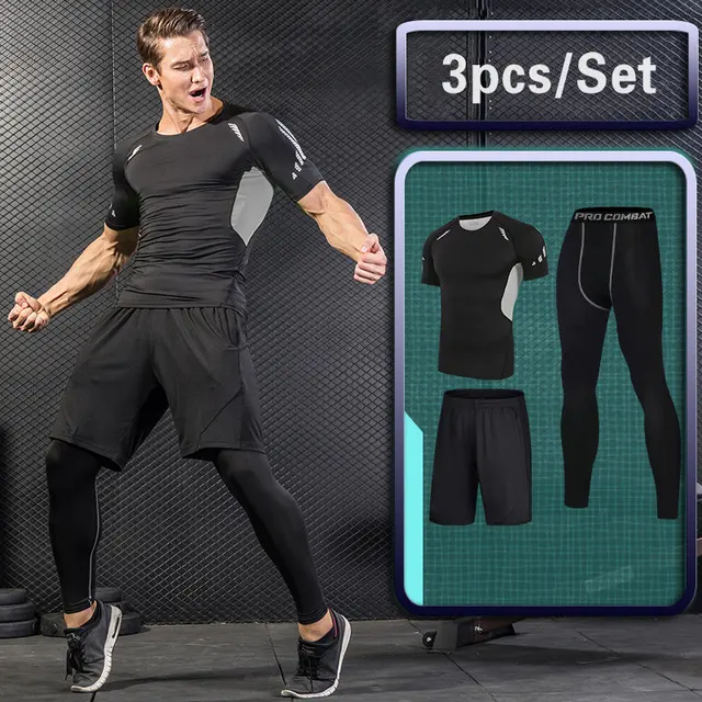 Mens Compression Sportswear Set Gym Running Sport Clothes Tight T-shirt  Lycra Leggings Athletics Shorts Fitness Rash Guard Kits