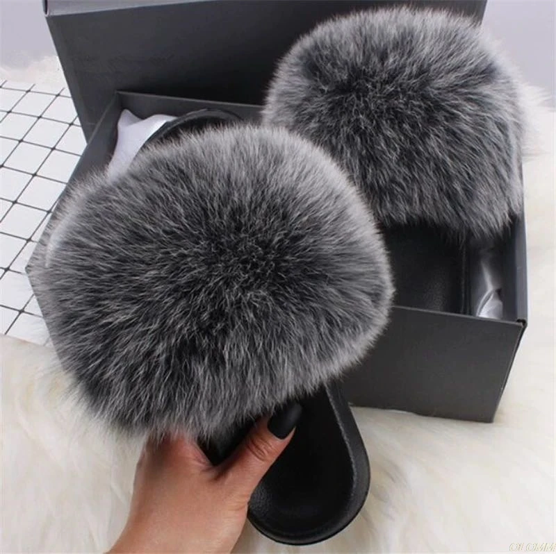 womens grey fluffy sliders