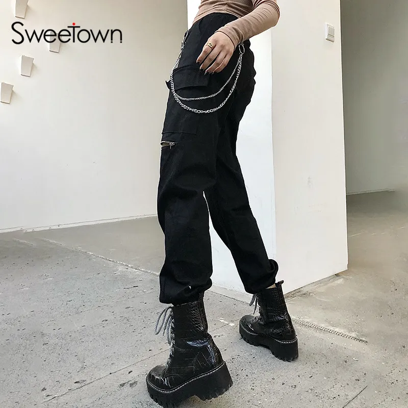 black cargo pants with chain womens