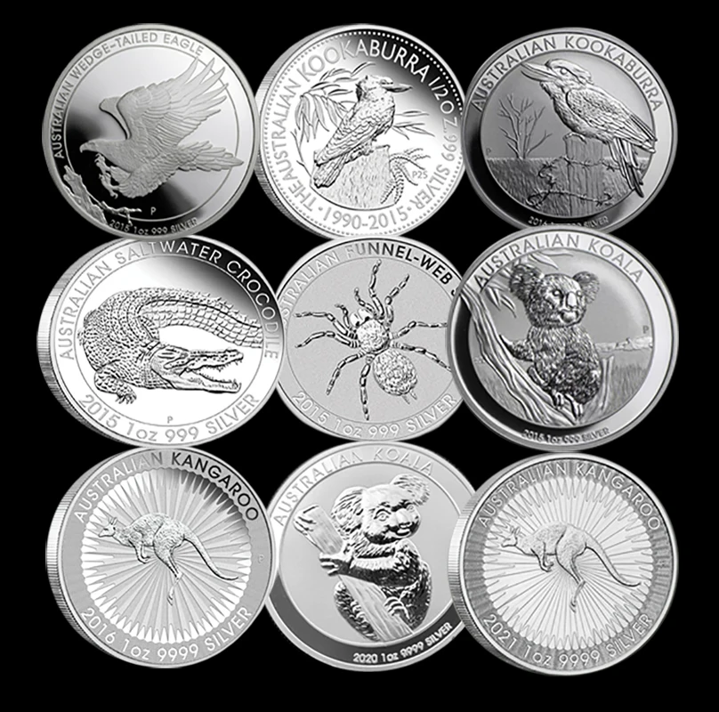 9PCs Non-Magnetic Australia .999 Silver Coins Crocodile + Kookaburra + Spider +Koala +Eagle Animal Elizabeth Replica Coins-animated-img