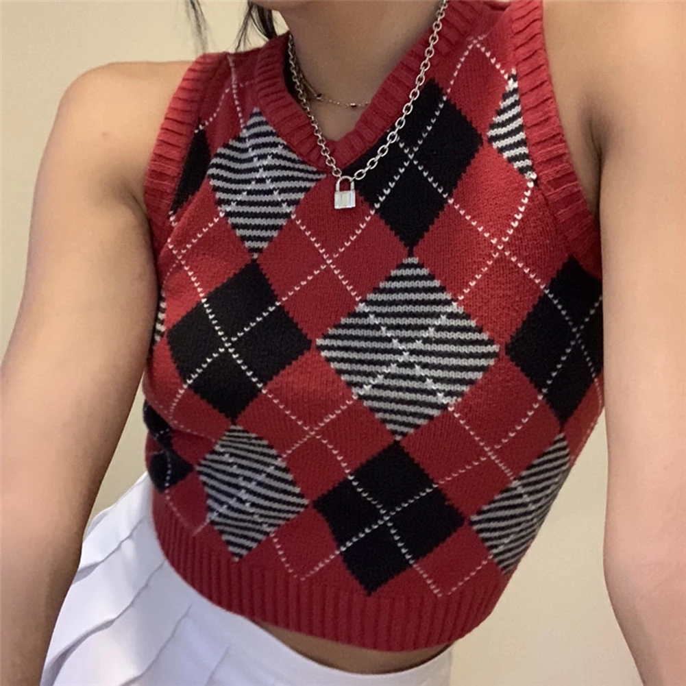 Argyle Sweater Vest Y2k Women Knitted 