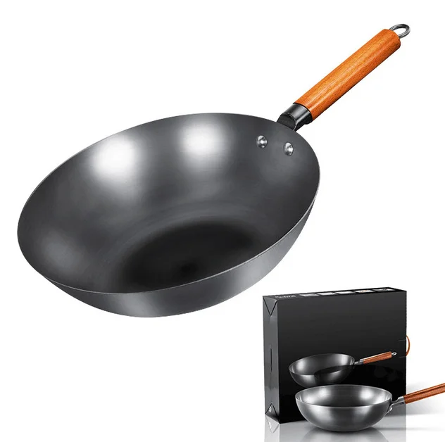 Gift Box High Quality Chinese Iron Wok Traditional Handmade Iron Pot Non-stick Pan Non-coating Induction and Gas Frying Pan
