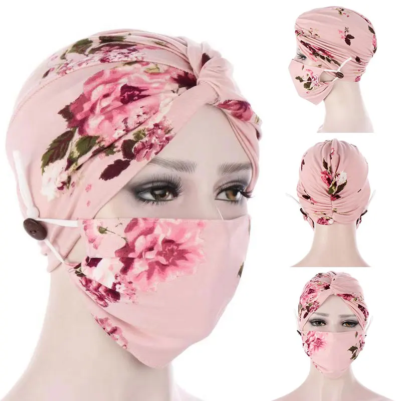 Floral Print Elastic Turban for Women Fashion Headband New Turban Button Turban Fashion Muslim Hijab Scarf Headscarf Bonnet 2021
