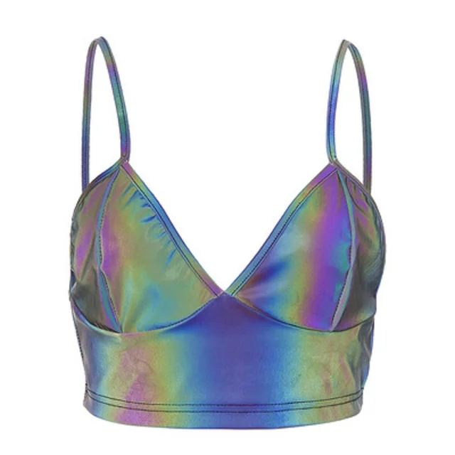 Women V Neck Sexy Holographic Bralette Crop Top Strap Reflective Fashion Camis Hot Summer 2021 Sleeveless Backless Tank Tops