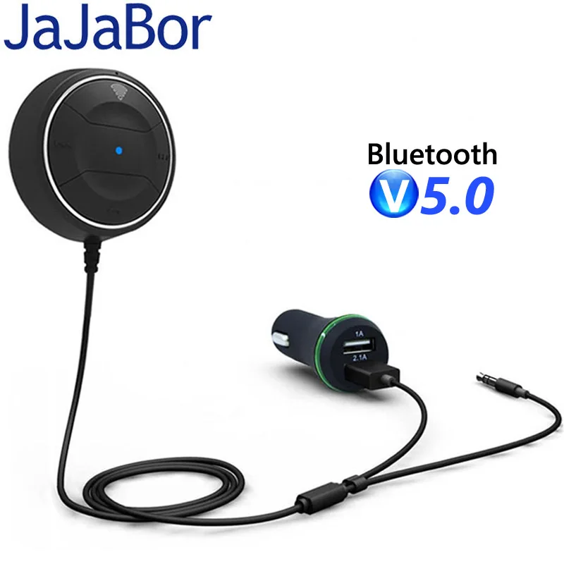 JaJaBor Bluetooth 5.0  Hands Free Car Kit with NFC Function +3.5mm AUX Receiver Music Aux Speakerphone 2.1A USB Car Charger-animated-img