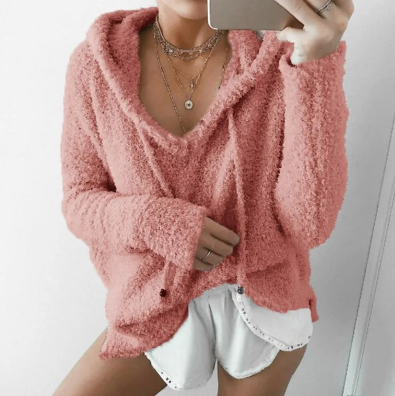Autumn Top Women Casual Mohair Hooded 