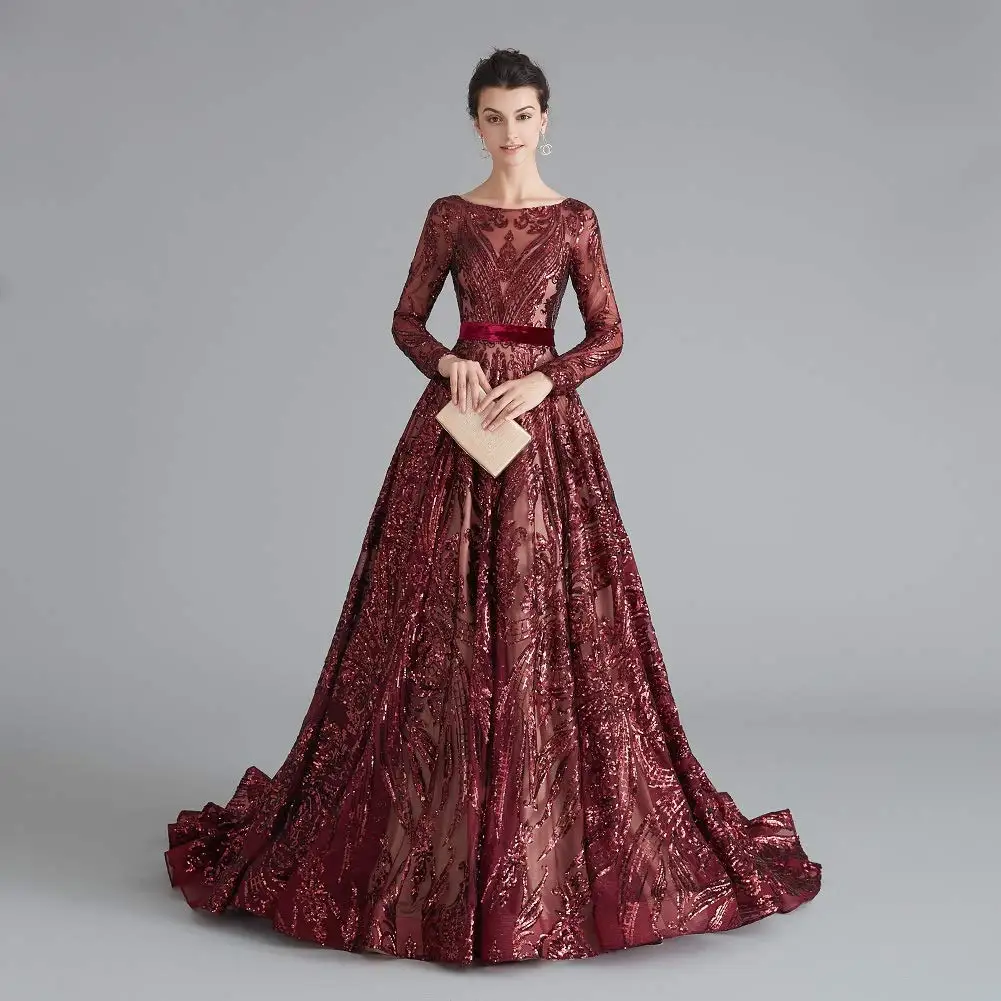 Burgundy Long Sleeve Evening Dress 